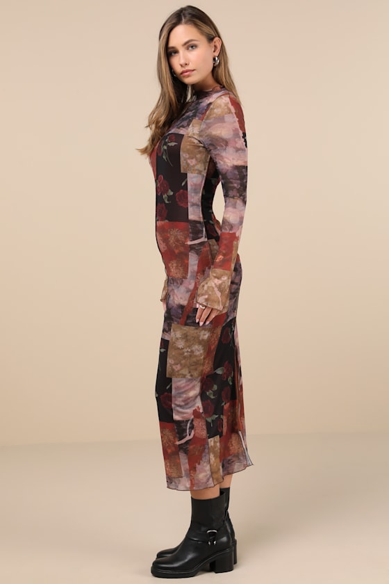 Lulus Aesthetic Adoration Multi Floral Mesh Long Sleeve Midi Dress