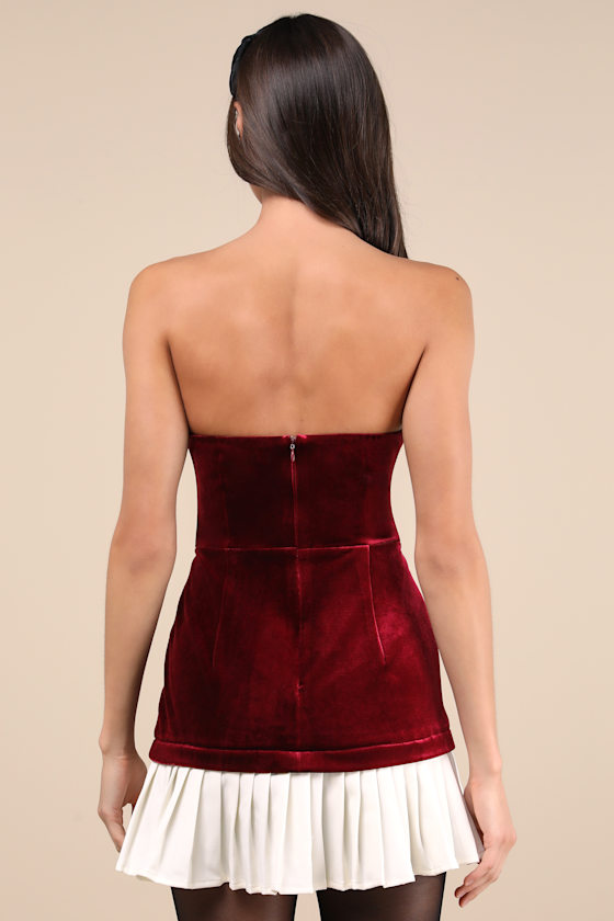 Lulus Elevated Invite Wine Red Velvet Strapless Mini Dress In Wine Red