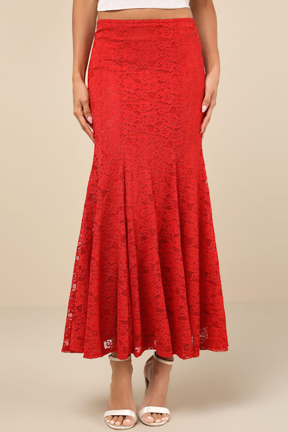 Lulus Passionate Statement Red Floral Lace Mermaid Midi Skirt In Red