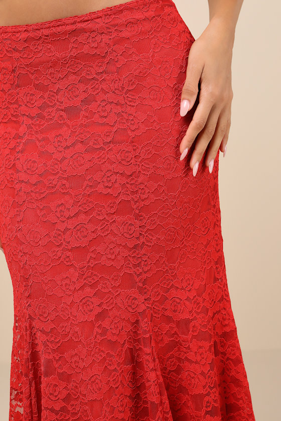 Lulus Passionate Statement Red Floral Lace Mermaid Midi Skirt In Red