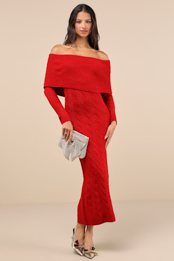 Cozy Excellence Heather Red Off-the-Shoulder Sweater Dress 3