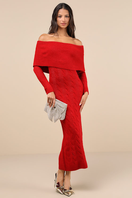 Cozy Excellence Heather Red Off-the-Shoulder Sweater Dress 3