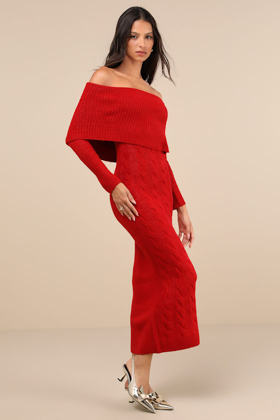 Cozy Excellence Heather Red Off-the-Shoulder Sweater Dress 4