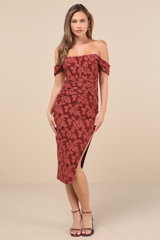LULUS ALLURING RSVP RUSTY ROSE BURNOUT OFF-THE-SHOULDER MIDI DRESS 