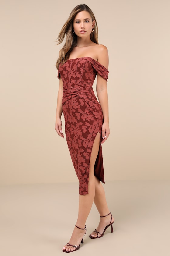 LULUS ALLURING RSVP RUSTY ROSE BURNOUT OFF-THE-SHOULDER MIDI DRESS 