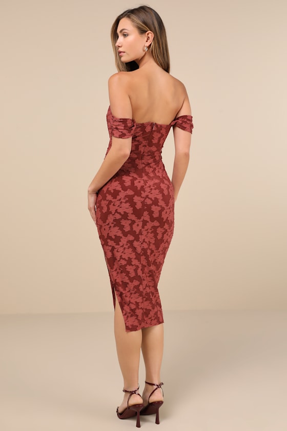 LULUS ALLURING RSVP RUSTY ROSE BURNOUT OFF-THE-SHOULDER MIDI DRESS 