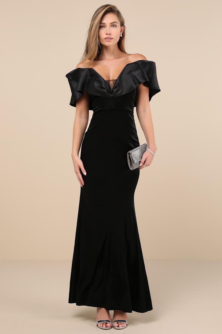 Black Off-the-Shoulder Dress - Velvet Maxi Dress - Taffeta Dress - Lulus