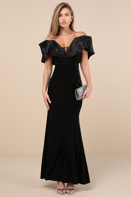 Coveted Luxury Black Velvet Off-the-Shoulder Maxi Dress 4