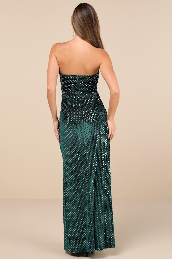 Emerald Green Dress - Velvet Sequin Dress - Strapless Maxi