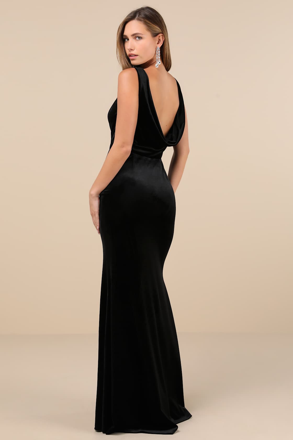 Ravishing Poise Black Velvet Cowl Back Sleeveless Maxi Dress