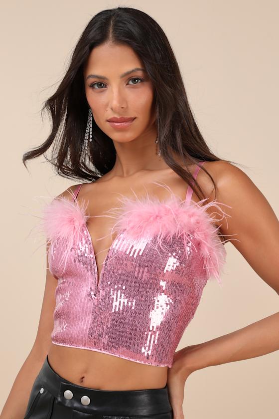 Lulus Spectacular Muse Pink Sequin Feather Cropped Cami Top In Pink
