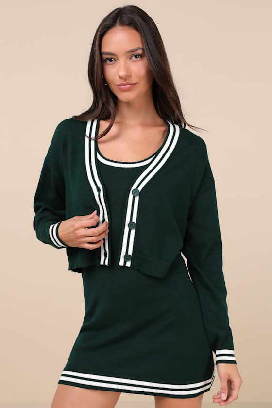 Lulus Charming Duo Dark Green Two-piece Sweater Dress & Cardigan Set In Dark Green