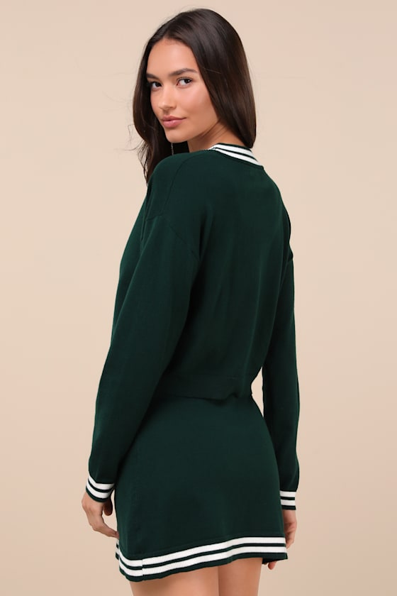 Lulus Charming Duo Dark Green Two-piece Sweater Dress & Cardigan Set In Dark Green
