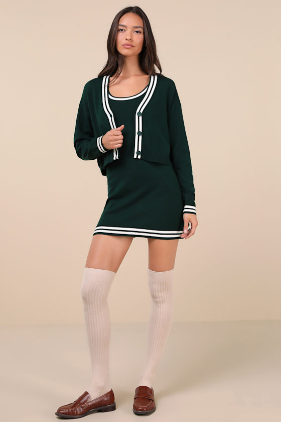Lulus Charming Duo Dark Green Two-piece Sweater Dress & Cardigan Set In Dark Green