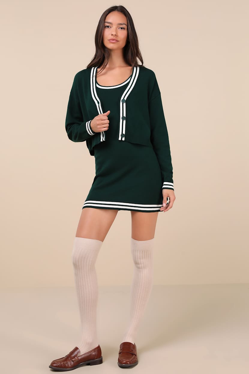 Dark Green Dress Set - Sweater Mini Dress - Dress & Cardigan Set - Lulus