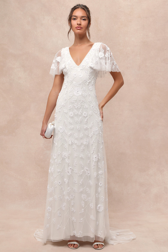 Safiya White Sequin Flutter Sleeve Maxi Dress 1