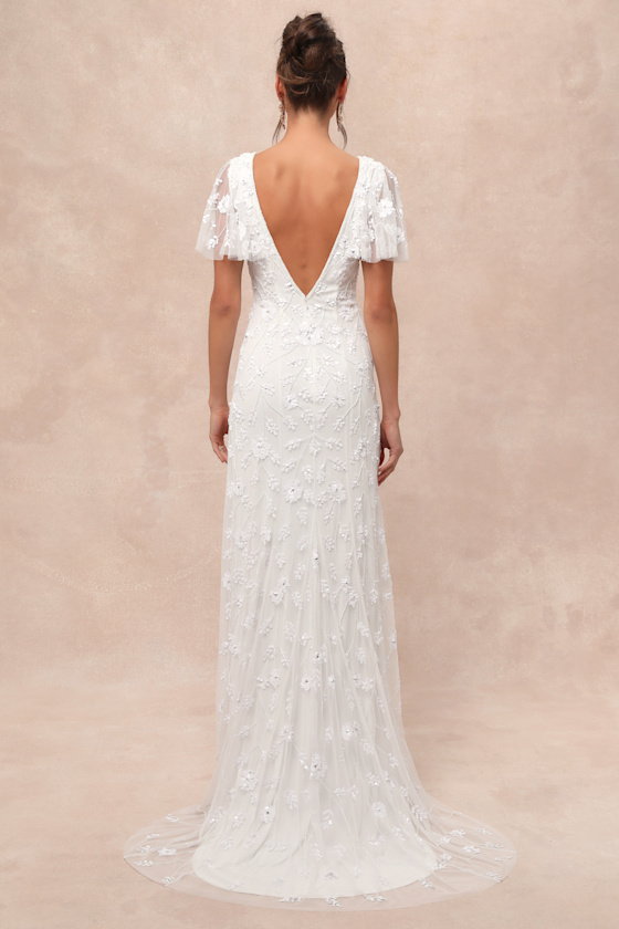 LULUS SAFIYA WHITE SEQUIN FLUTTER SLEEVE MAXI DRESS