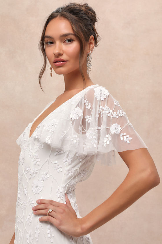LULUS SAFIYA WHITE SEQUIN FLUTTER SLEEVE MAXI DRESS