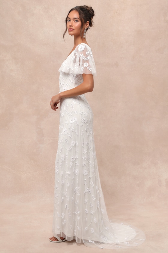 LULUS SAFIYA WHITE SEQUIN FLUTTER SLEEVE MAXI DRESS