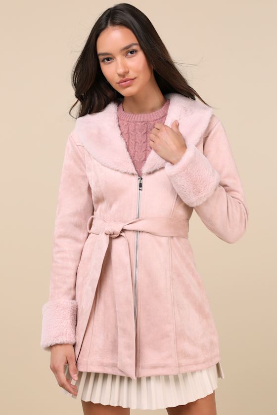 Sweetly Cozy Light Pink Vegan Suede Faux Fur Coat 1