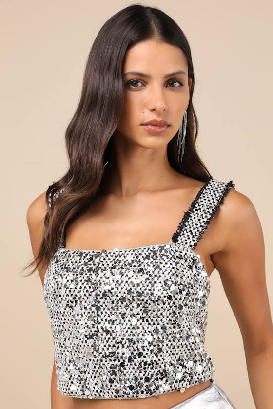 Lulus Aesthetically Chic Ivory And Black Tweed Sequin Cropped Tank Top In Black