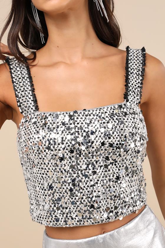 Lulus Aesthetically Chic Ivory And Black Tweed Sequin Cropped Tank Top In Black