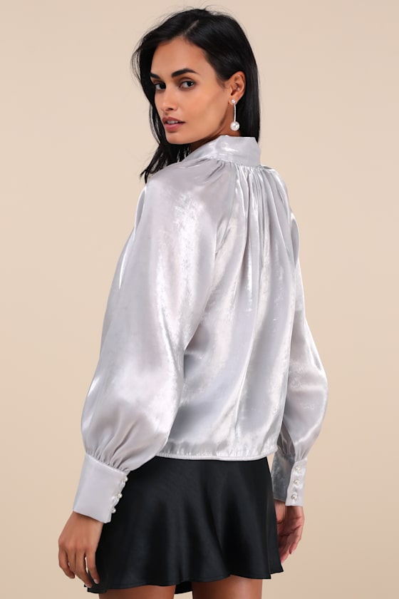 Notably Luxe Shiny Silver Tie-Neck Top