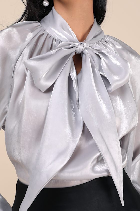 Lulus Notably Luxe Shiny Silver Tie-neck Top In Silver