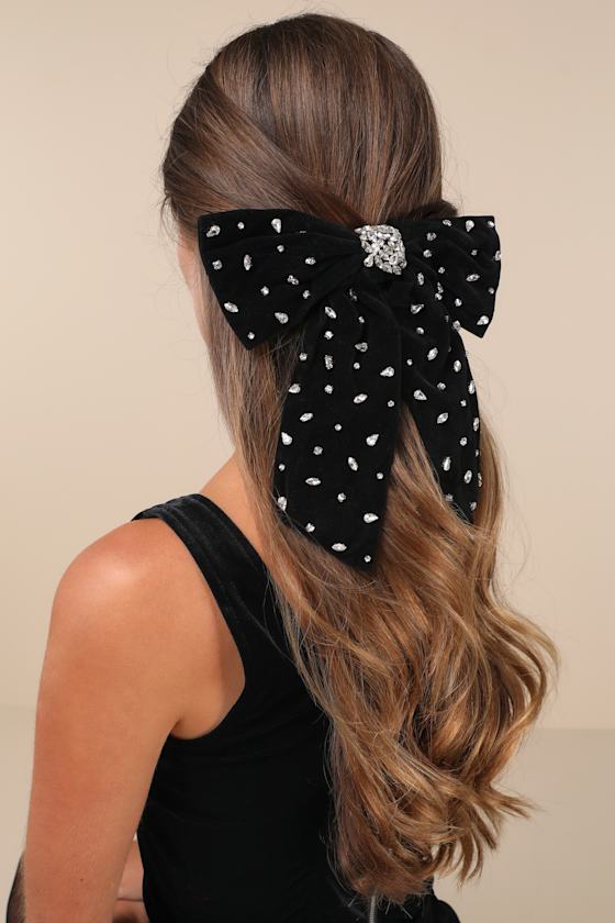 Black Velvet Hair Bow - Black Hair Bow Clip - Rhinestone