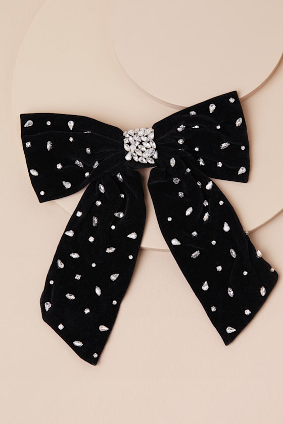 Bejeweled Beauty Black Velvet Rhinestone Hair Bow Clip 2