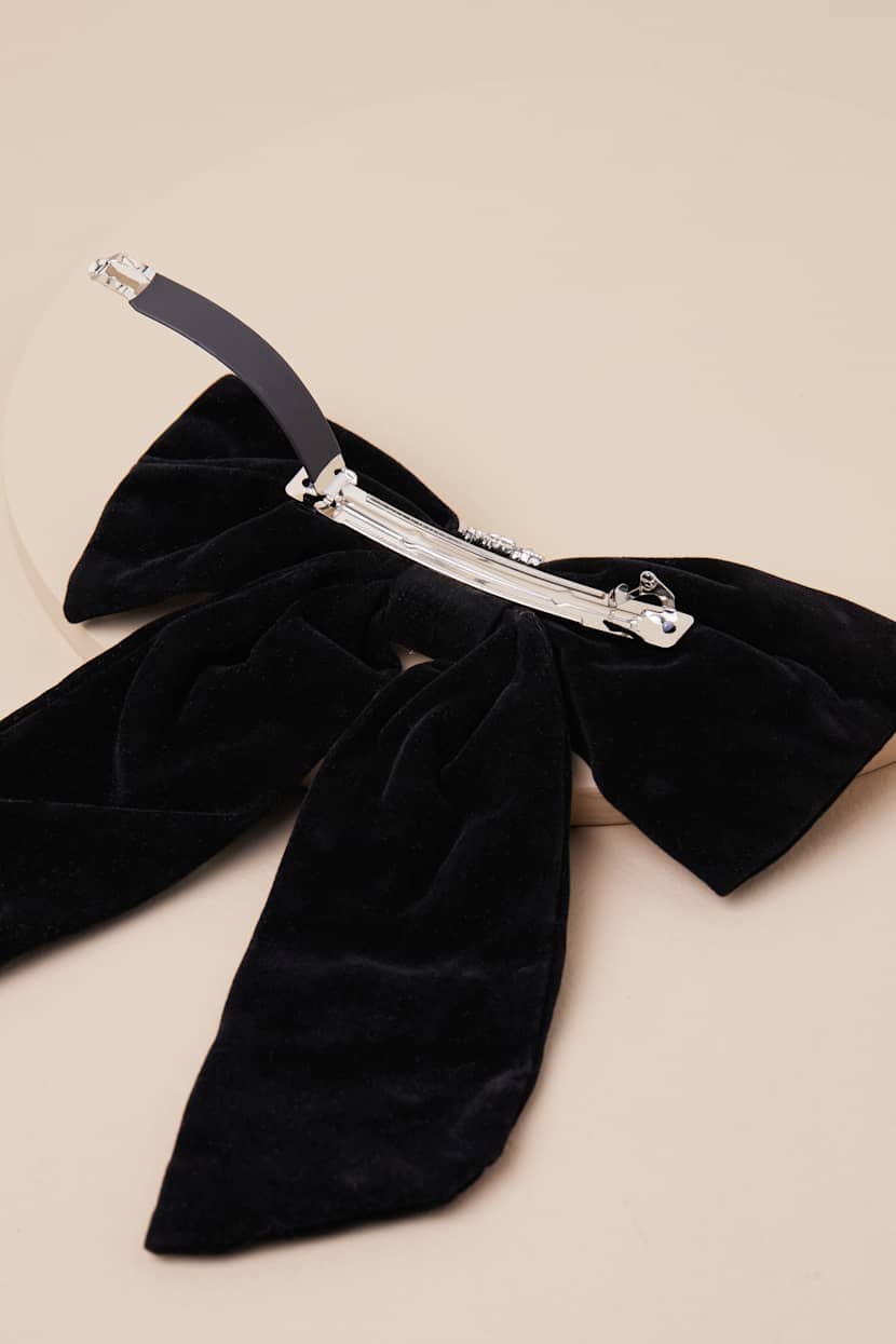 Black Velvet Hair Bow - Black Hair Bow Clip - Rhinestone  display picture 1