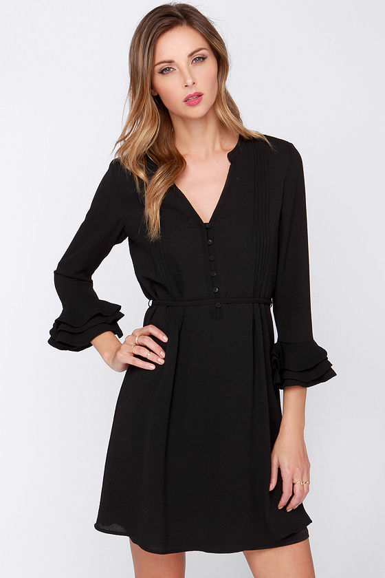 Lovely Black Dress - Ruffle Sleeve Dress - Shirt Dress - $54.00 - Lulus