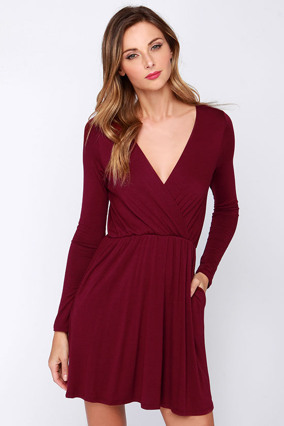 Pretty Burgundy Dress Surplice Bodice Long Sleeve Dress 45.00