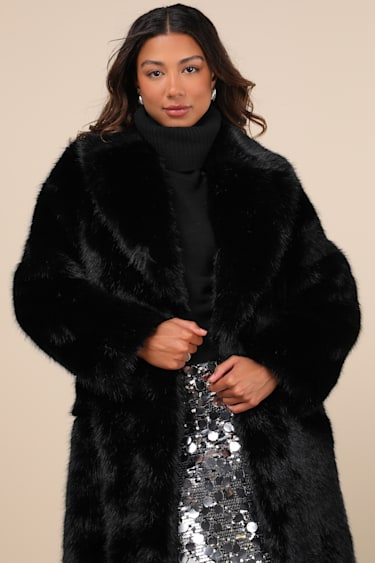 Avid Trendsetter Black Faux Fur Longline Coat - Main Image