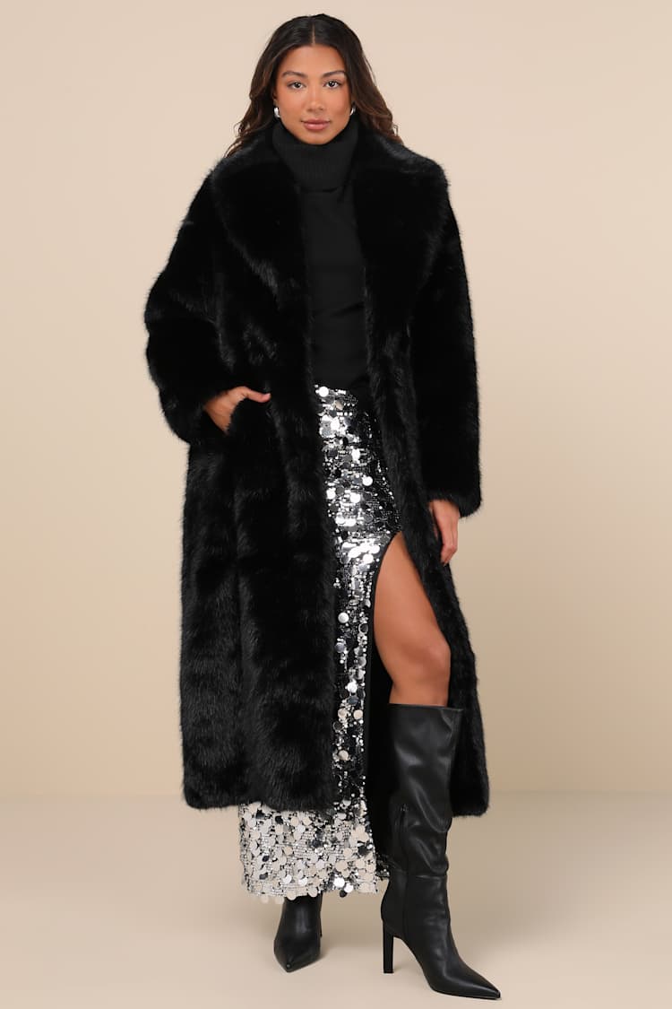 Avid Trendsetter Black Faux Fur Longline Coat