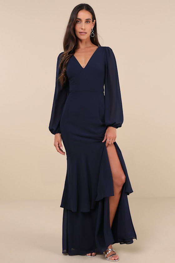 Lulus Tier Elegance Navy Long Sleeve Tiered Maxi Dress In Navy