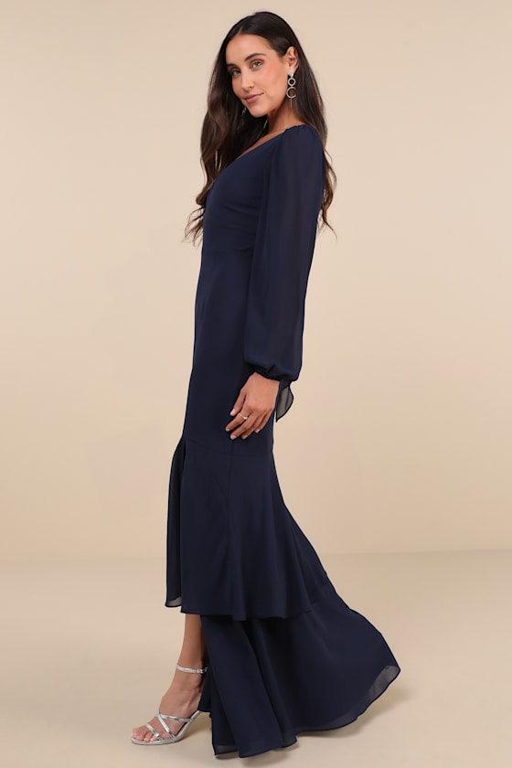 Lulus Tier Elegance Navy Long Sleeve Tiered Maxi Dress In Navy