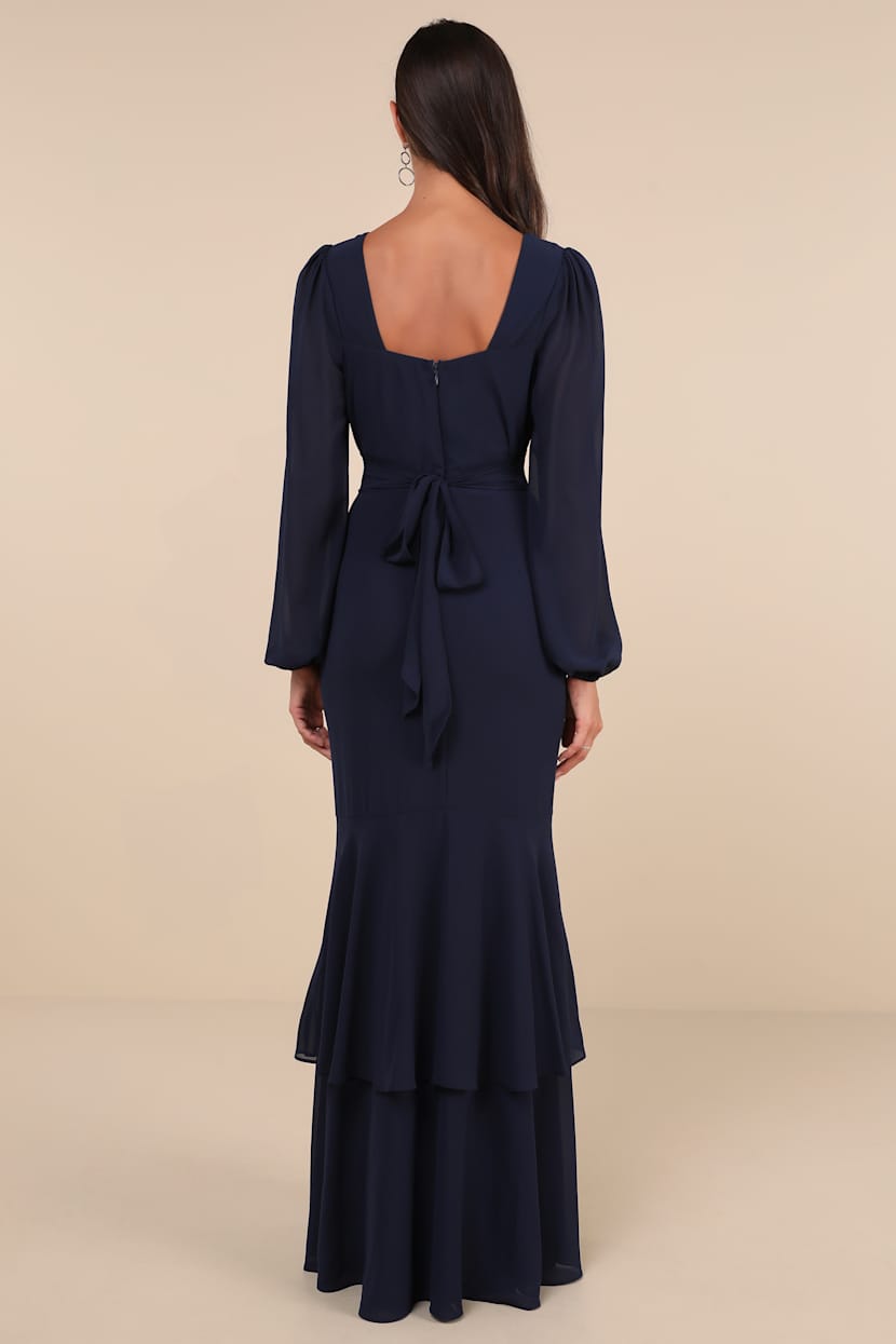long sleeved blue dress Long Sleeve Satin Tiered Gown In Navy Sateen, Navy Sateen / Regular / 12