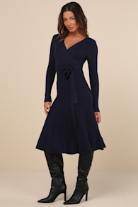 Warm Emotions Navy Blue Skater Midi Sweater Dress 3
