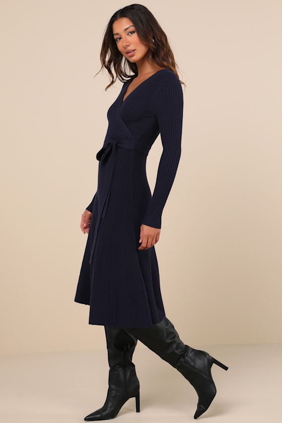 Lulus Warm Emotions Navy Blue Skater Midi Sweater Dress In Navy Blue