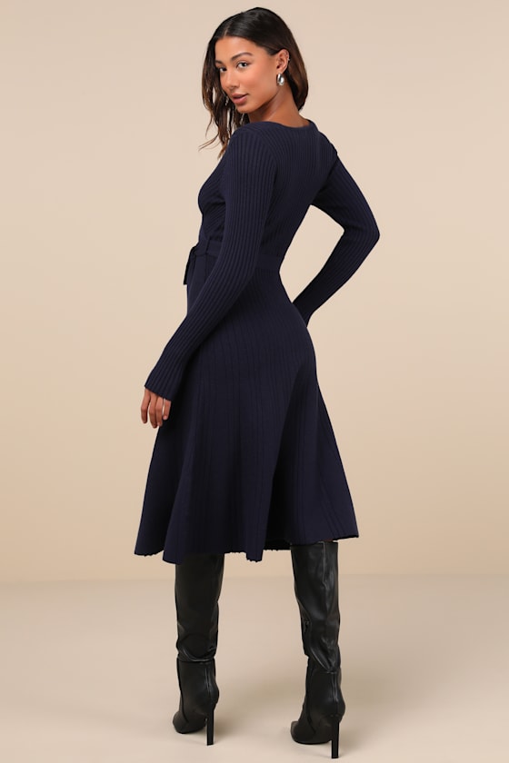 Lulus Warm Emotions Navy Blue Skater Midi Sweater Dress In Navy Blue