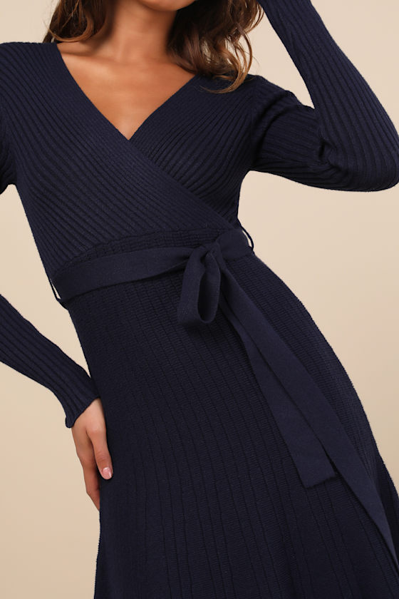 Lulus Warm Emotions Navy Blue Skater Midi Sweater Dress In Navy Blue