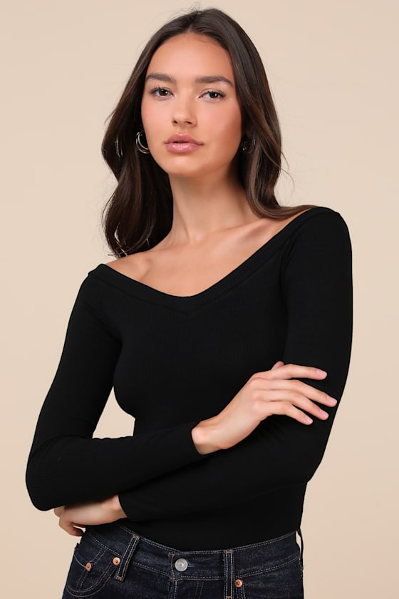 LULUS SIMPLY POLISHED BLACK RIBBED OFF-THE-SHOULDER BODYSUIT