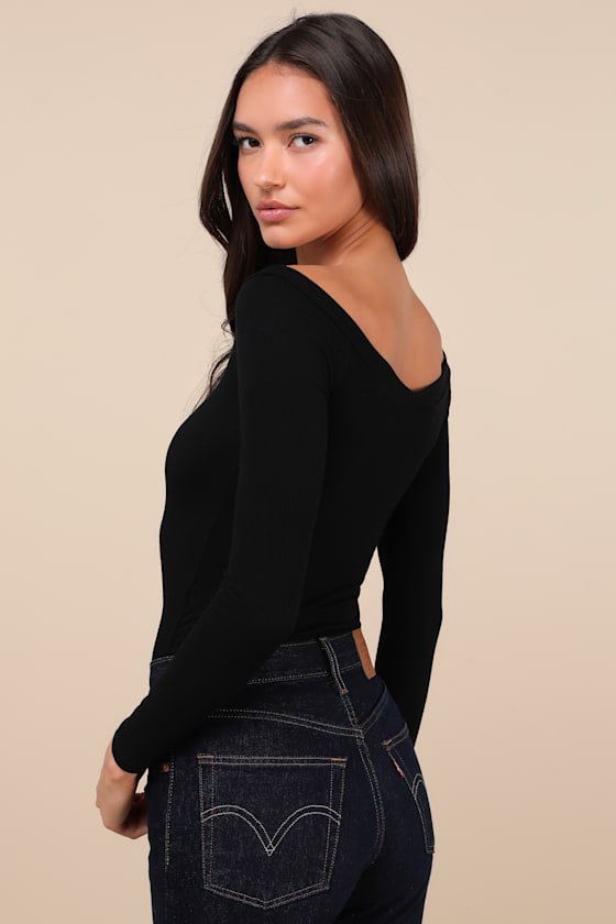 LULUS SIMPLY POLISHED BLACK RIBBED OFF-THE-SHOULDER BODYSUIT