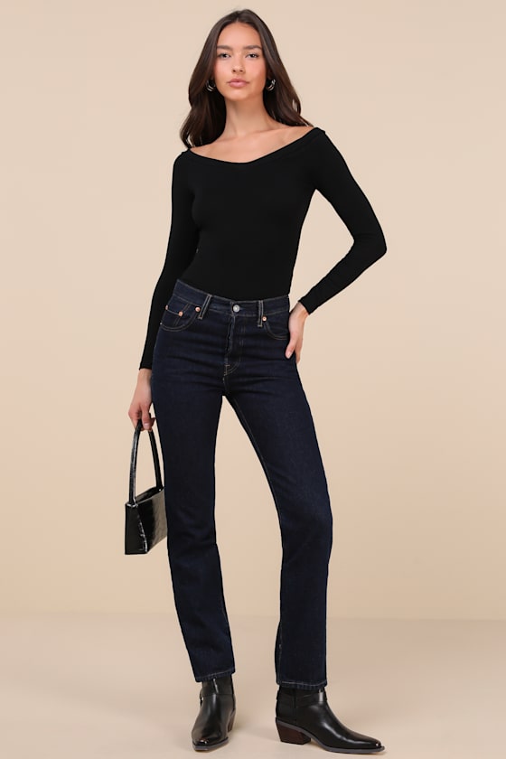 LULUS SIMPLY POLISHED BLACK RIBBED OFF-THE-SHOULDER BODYSUIT