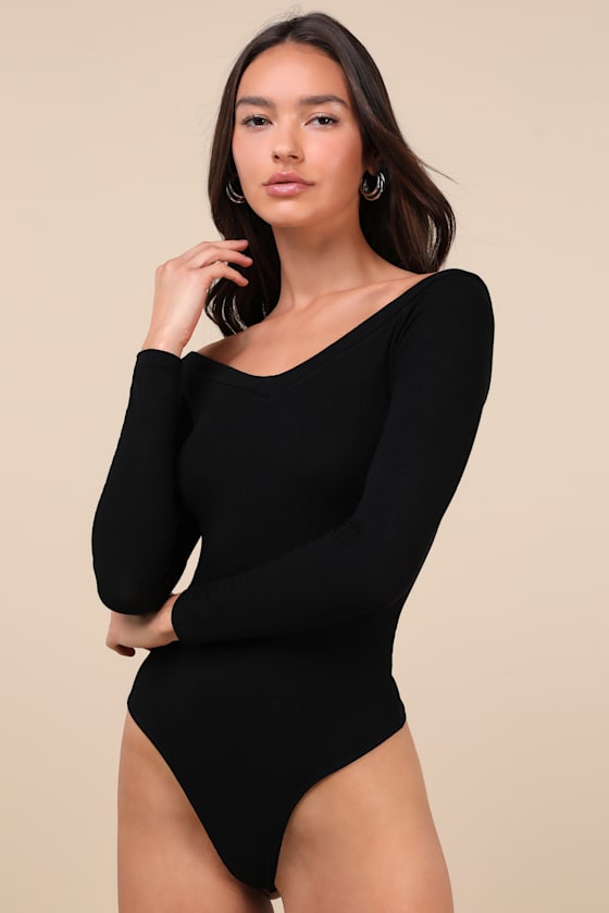 LULUS SIMPLY POLISHED BLACK RIBBED OFF-THE-SHOULDER BODYSUIT