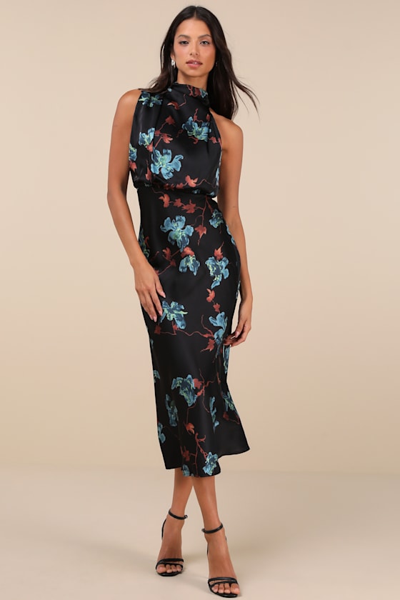 Distinctive Charm Black Floral Satin Asymmetrical Midi Dress 4