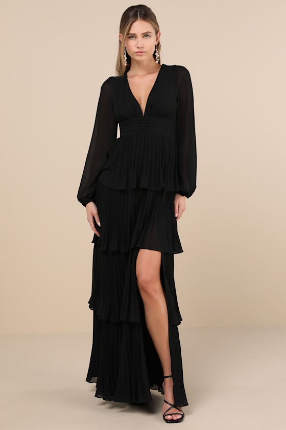Lulus Graceful Finesse Black Pleated Long Sleeve Maxi Dress In Black