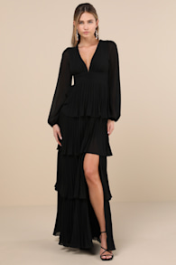 Graceful Finesse Black Pleated Long Sleeve Maxi Dress 1