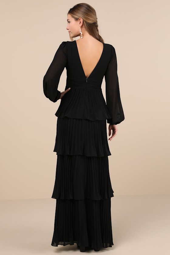 Lulus Graceful Finesse Black Pleated Long Sleeve Maxi Dress In Black